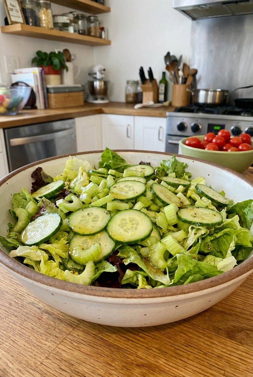 A crisp green salad with cucumbers, celery, and a light vinaigrette in a large bowl
