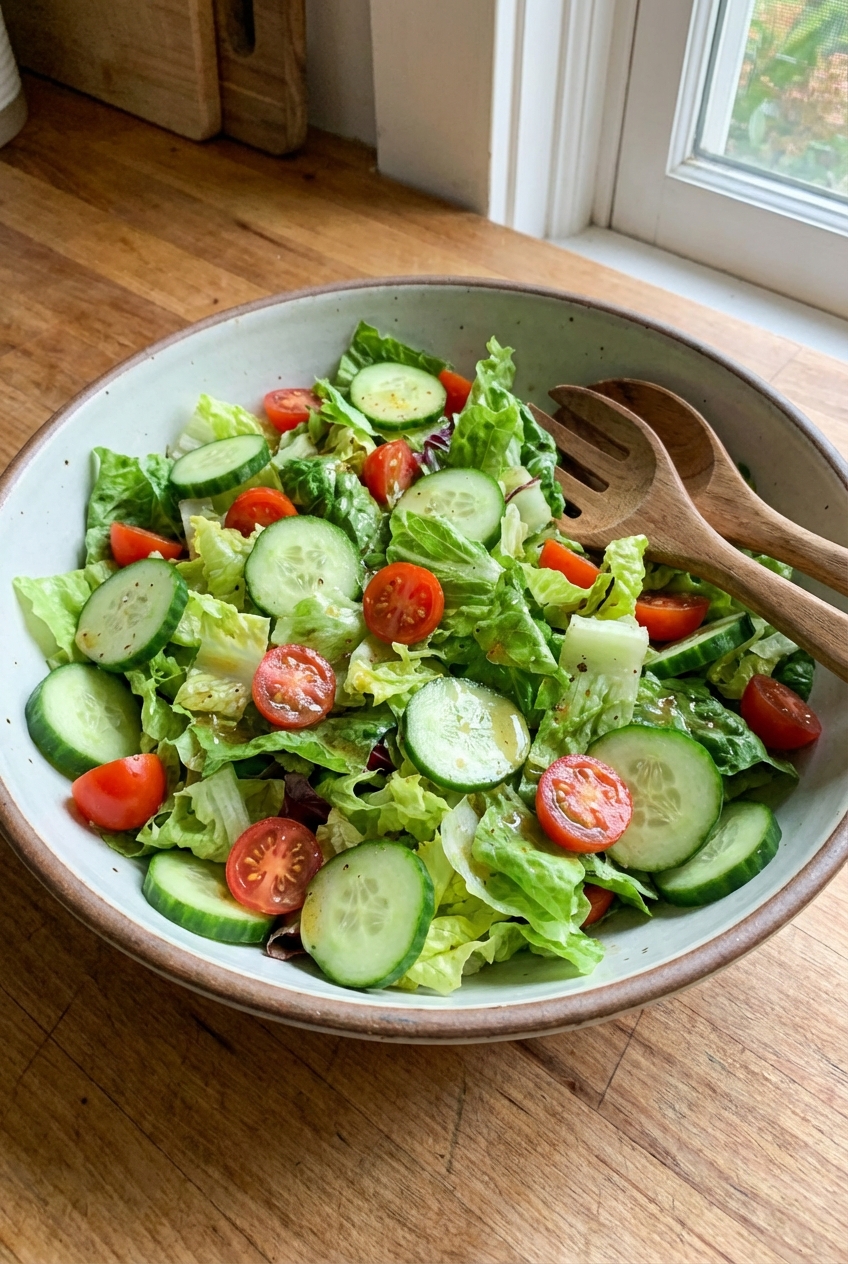 A crisp green salad with cucumbers, cherry tomatoes, and a light vinaigrette in a large bowl