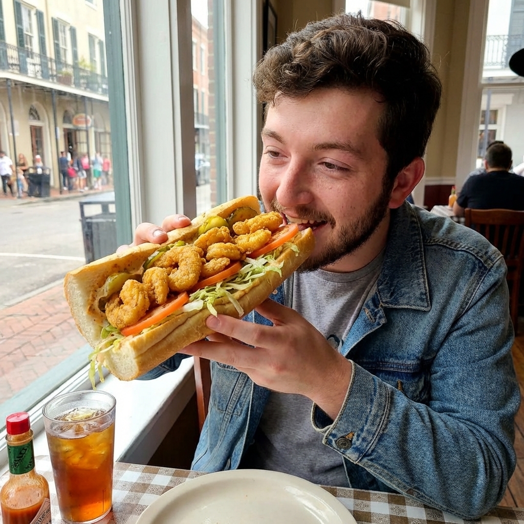A crispy New Orleans shrimp po’ boy on soft French bread, stuffed with golden cornmeal-fried shrimp, shredded lettuce, sliced tomato, pickles, and a generous smear of creamy remoulade, natural window light, real food photography