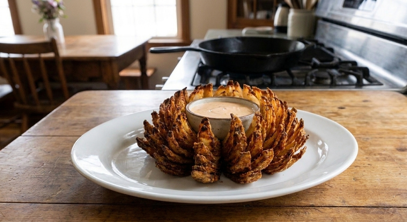 A crispy bloomin onion on a serving plate with a small bowl of creamy dipping sauce placed in the center, ready for sharing