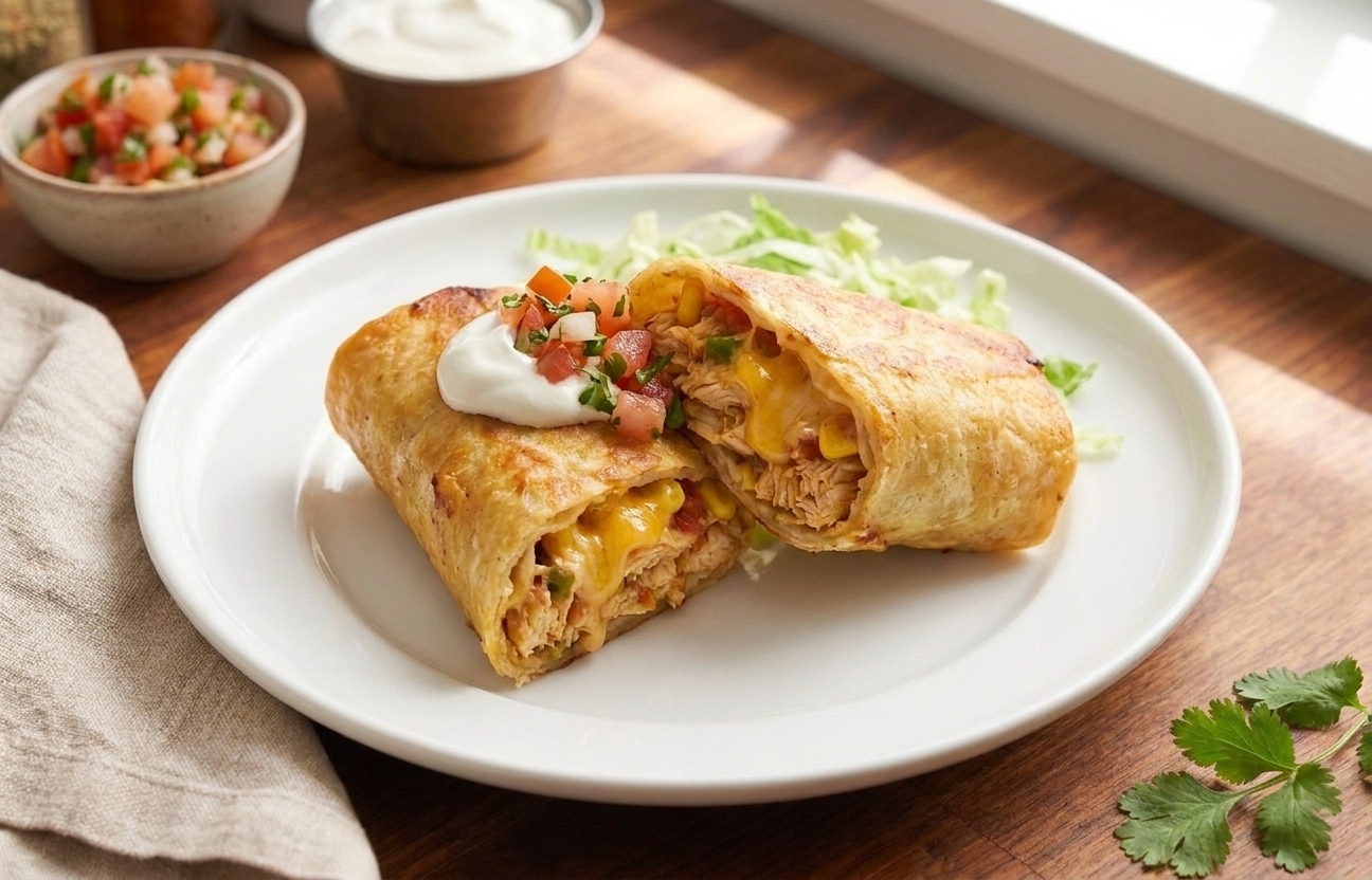 A crispy chicken chimichanga cut open on a plate showing the cheesy filling, topped with pico de gallo and sour cream