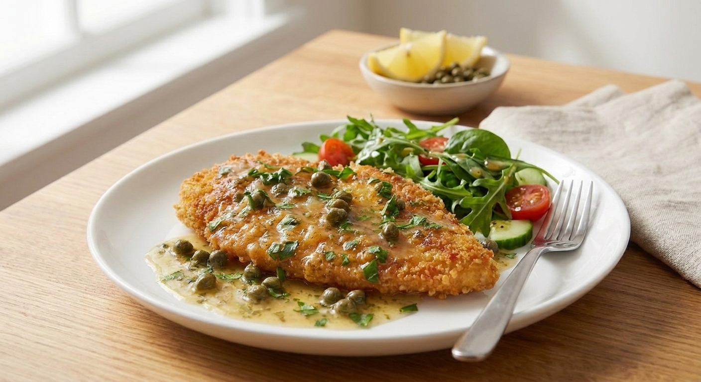 A crispy chicken cutlet on a plate with lemon caper sauce spooned over the top, served with a fork and simple side salad