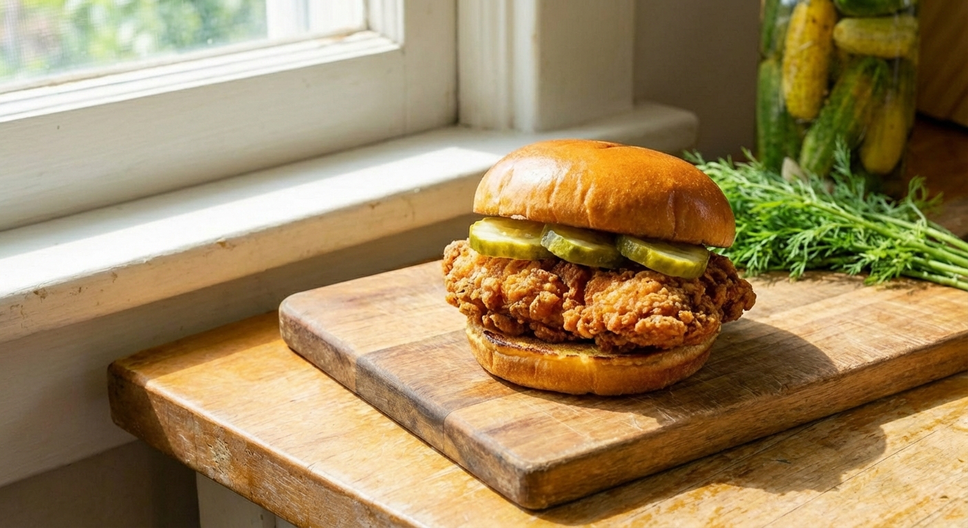 A crispy chicken sandwich on a bun with pickles