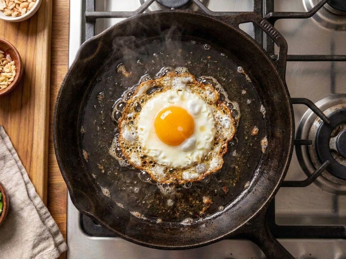 A crispy-edged fried egg cooking in a skillet with bubbling oil, the yolk still soft