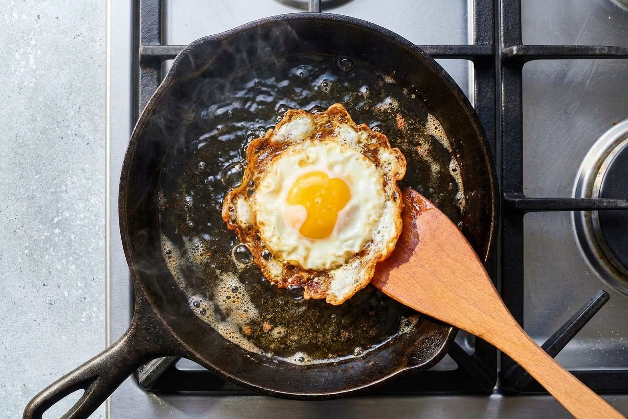 A crispy-edged fried egg cooking in a small skillet with bubbling oil on a stovetop
