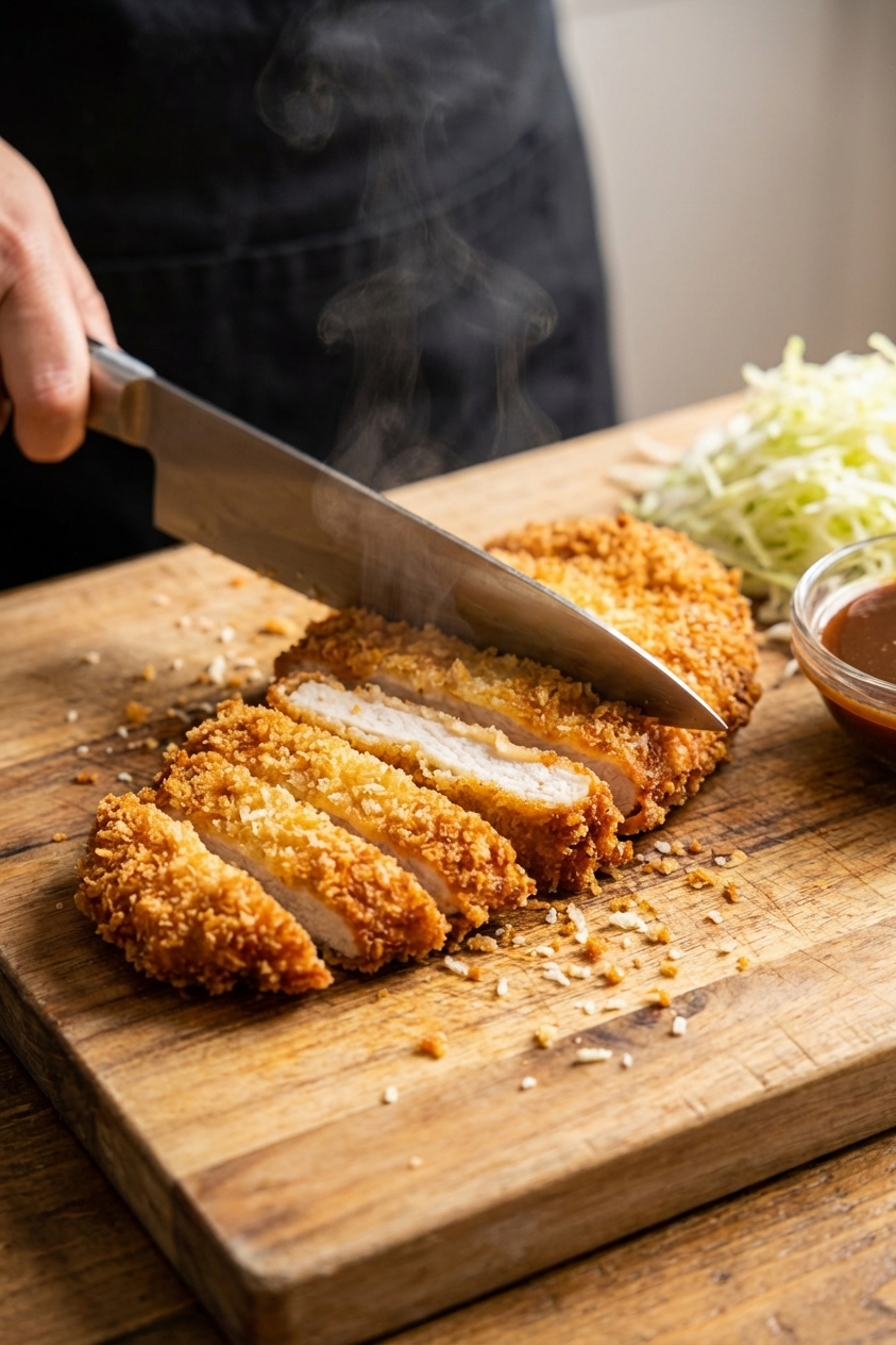 A crispy fried chicken katsu cutlet being sliced into strips on a wooden cutting board, close-up food photo