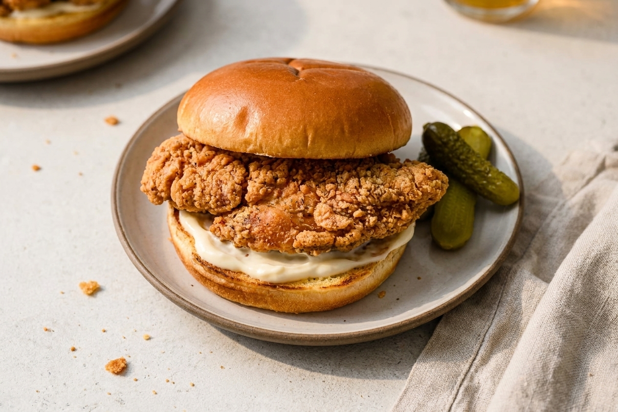 A crispy fried chicken sandwich on a soft bun with mayonnaise, photographed on a simple kitchen table setting with warm natural light