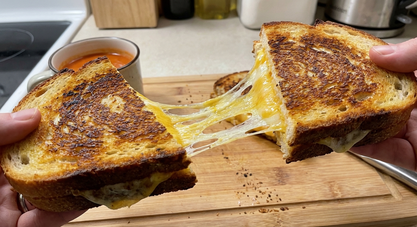 A crispy grilled cheese sandwich cut in half with melted cheese pulling