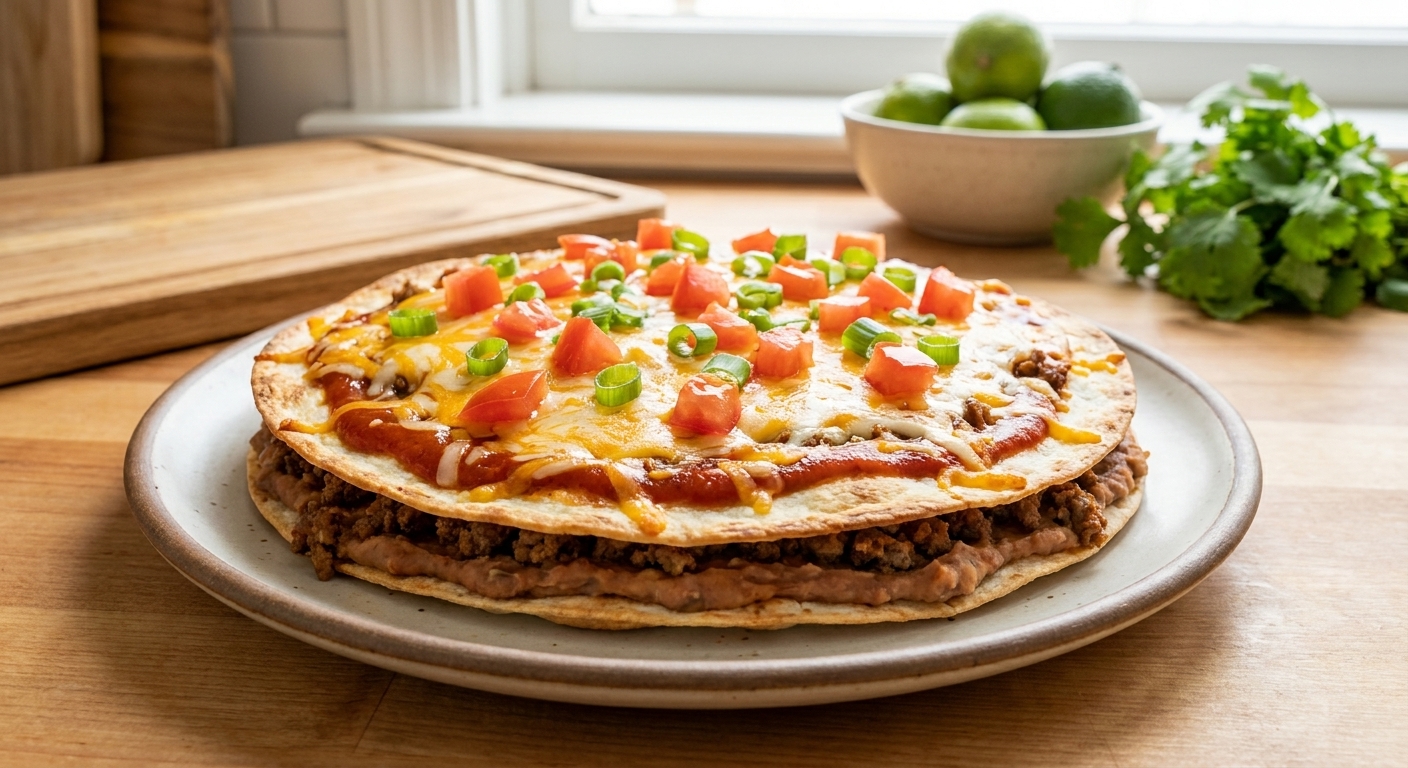 A crispy layered Mexican pizza on a plate with two toasted tortillas, melted cheese, enchilada-style sauce, and fresh diced tomatoes and green onions in a bright kitchen, real food photography