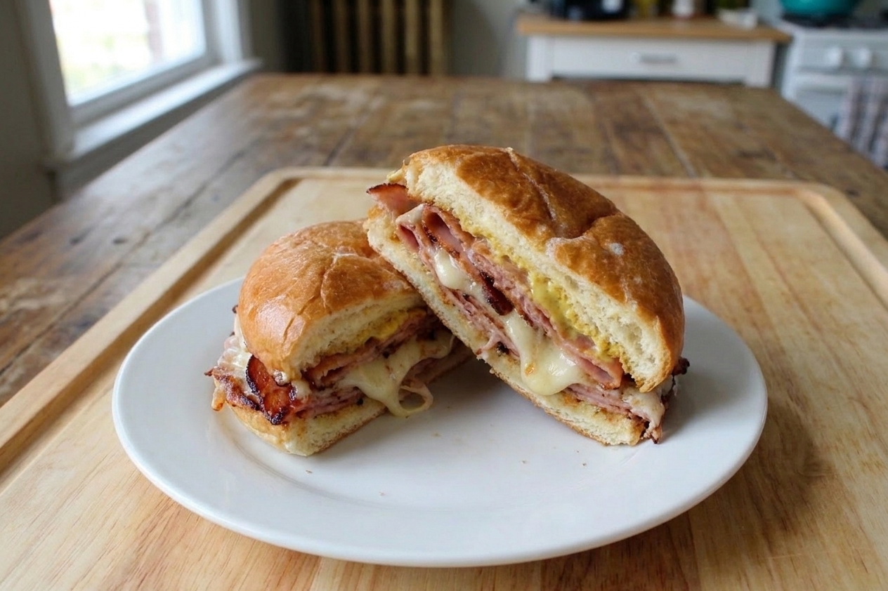 A crispy mortadella and melted provolone sandwich cut in half on a plate, with a simple table setting in the background