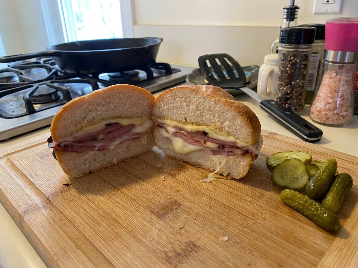 A crispy mortadella and provolone sandwich cut in half on a cutting board with pickles on the side in a bright home kitchen