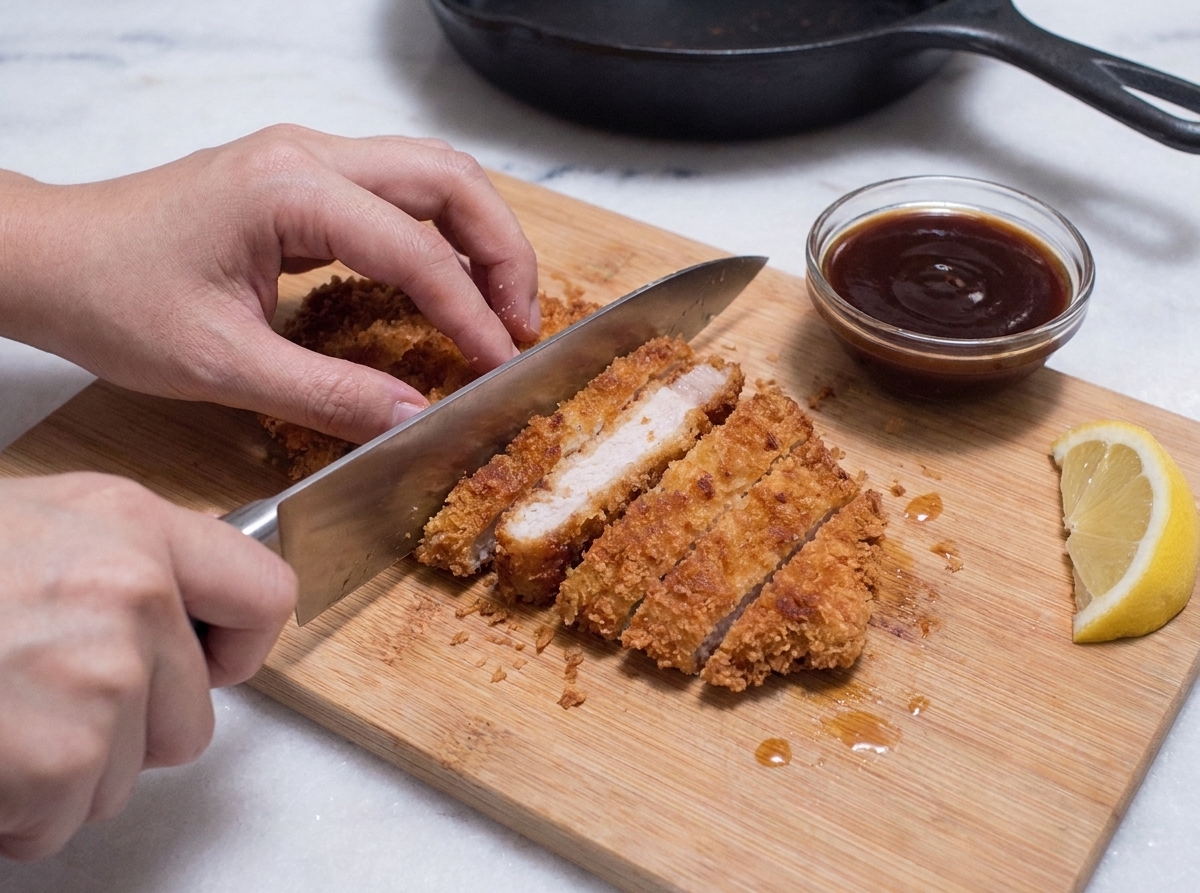 A crispy pork katsu cutlet being sliced into strips on a cutting board, showing a juicy interior and crunchy panko crust