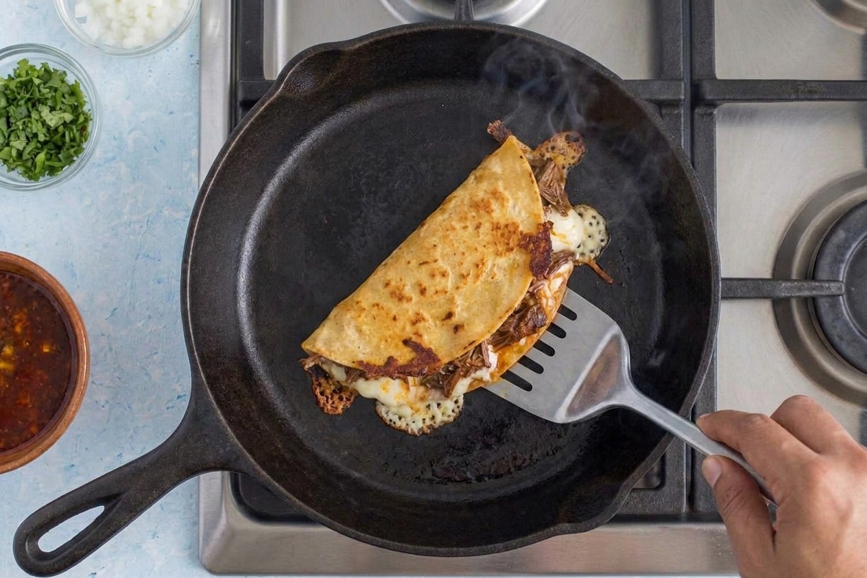 A crispy quesabirria taco cooking in a skillet with melted cheese and browned tortilla edges