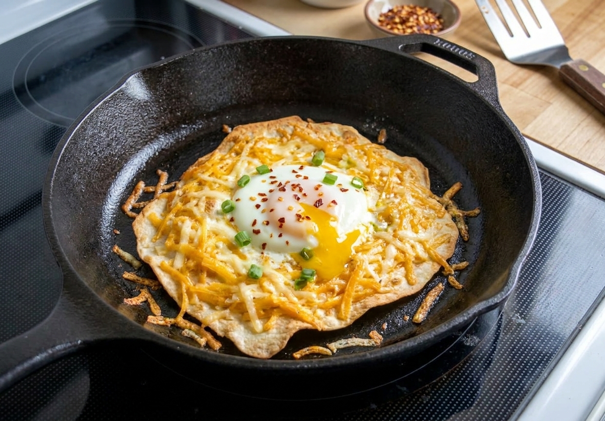 A crispy tortilla egg pizza in a small skillet with melted cheese and chili flakes, golden edges and a jammy egg in the center, warm kitchen lighting