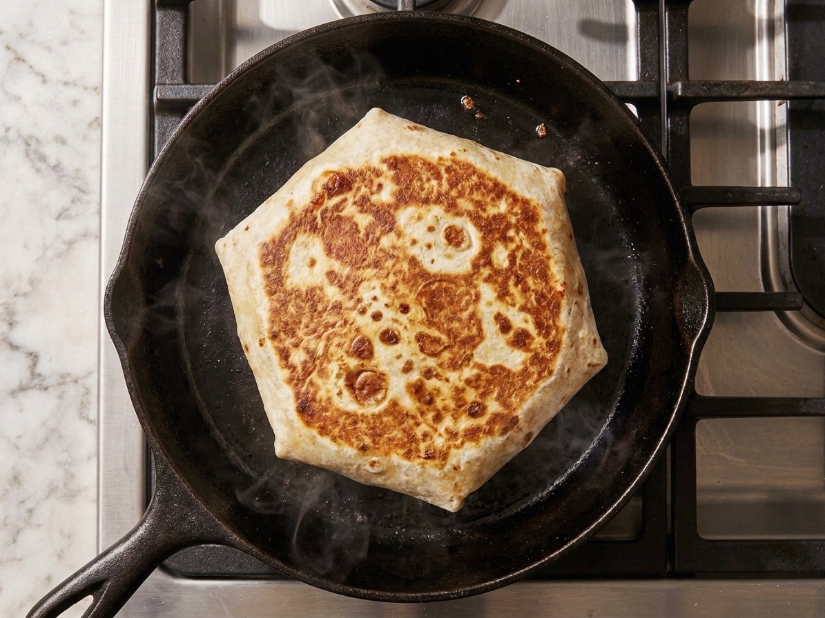 A crunchwrap browning seam-side down in a hot skillet on a stovetop, showing a golden toasted surface