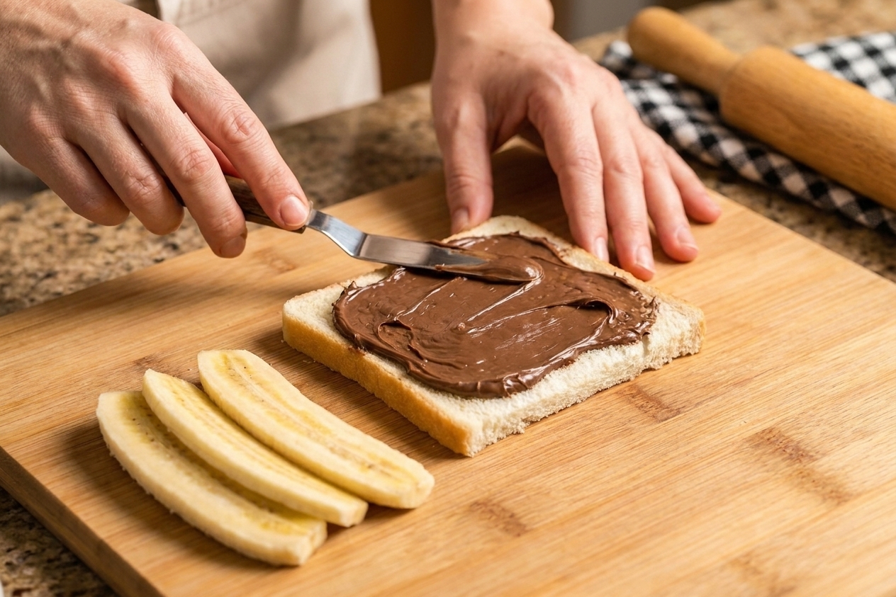 A crustless slice of bread spread with Nutella on a cutting board with banana strips nearby, ready to be rolled