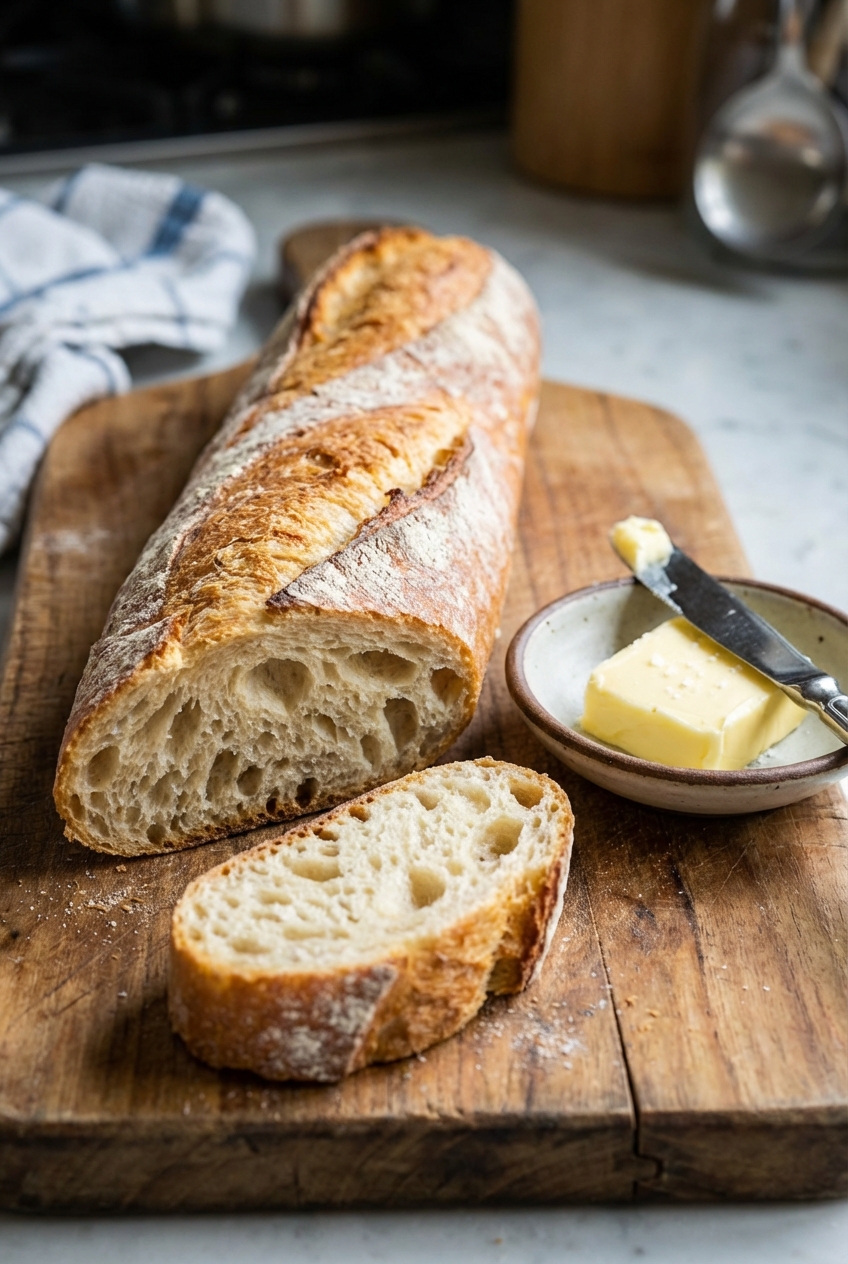 A crusty baguette sliced with butter on the side