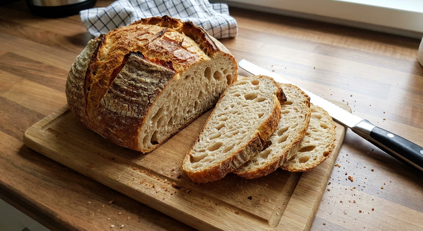 A crusty loaf of bread on a cutting board with a few sliced pieces