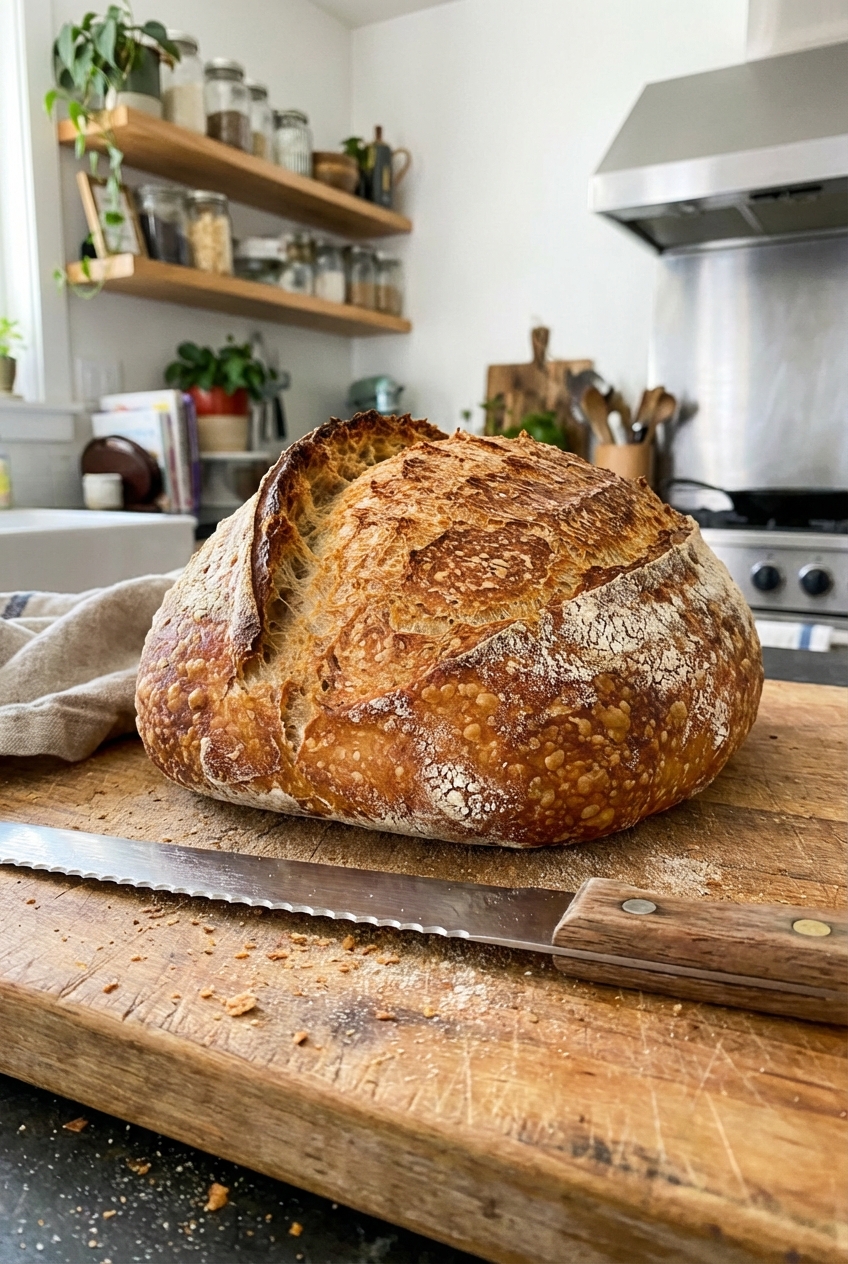 A crusty loaf of sourdough bread on a cutting board with a serrated knife nearby