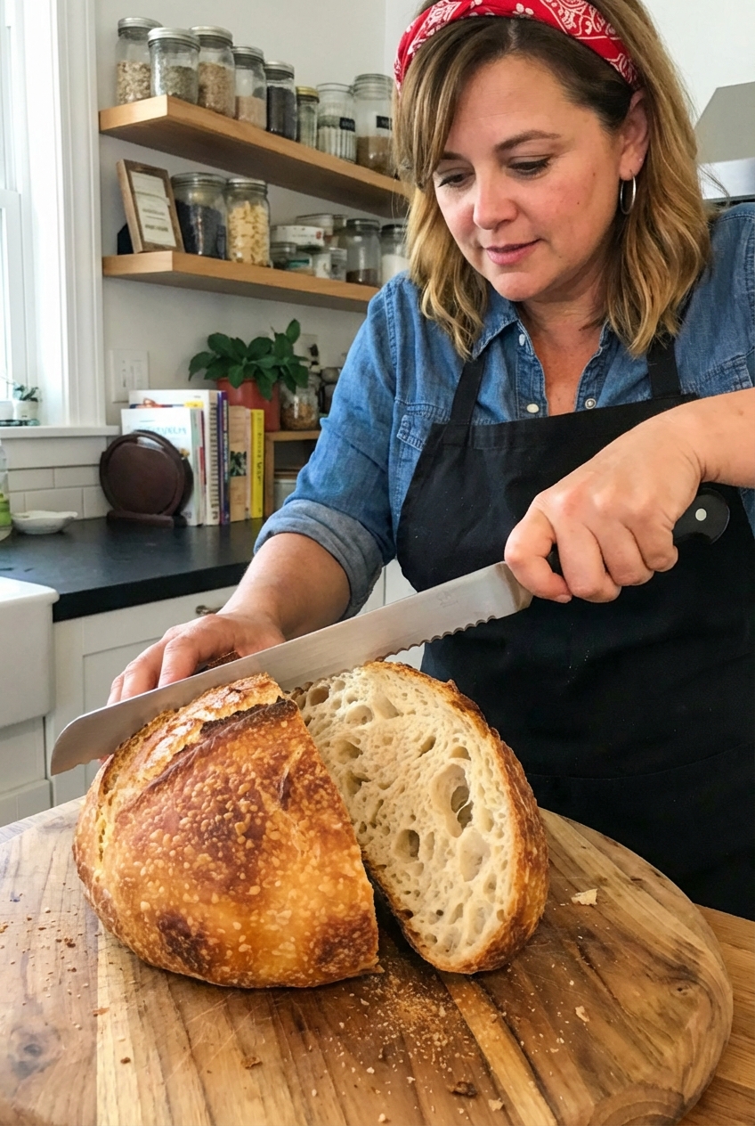 A crusty no-knead Dutch oven loaf being sliced with a serrated knife, showing an airy crumb