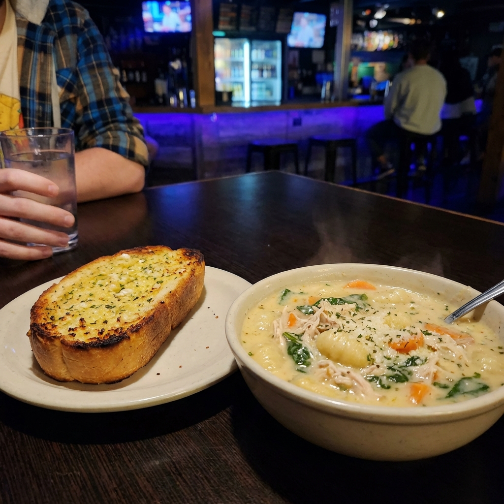 A crusty slice of garlic bread on a small plate beside a bowl of chicken gnocchi soup