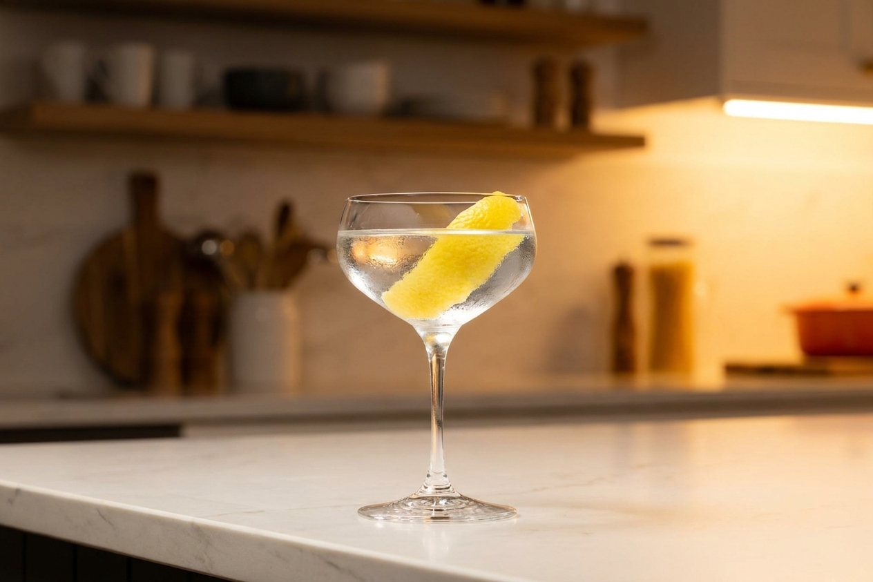A crystal clear classic gin martini in a chilled coupe glass with a lemon twist on the rim, set on a clean marble kitchen counter with soft warm lighting