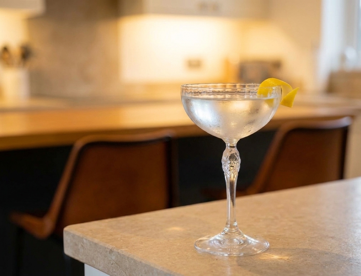 A crystal-clear dry martini in a chilled coupe glass with a lemon twist on the rim on a stone countertop with soft kitchen lighting