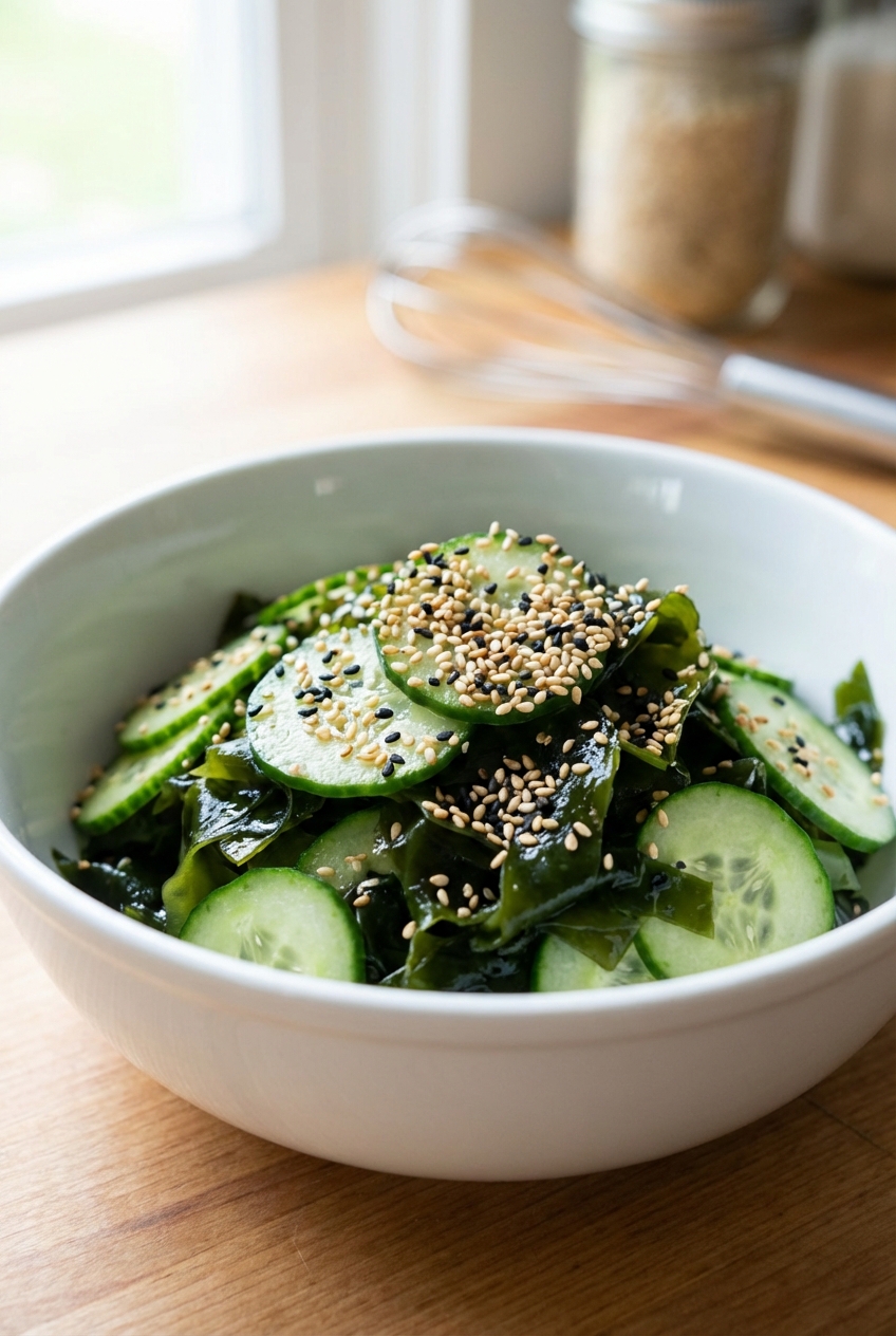 A cucumber and seaweed salad with sesame seeds in a white bowl