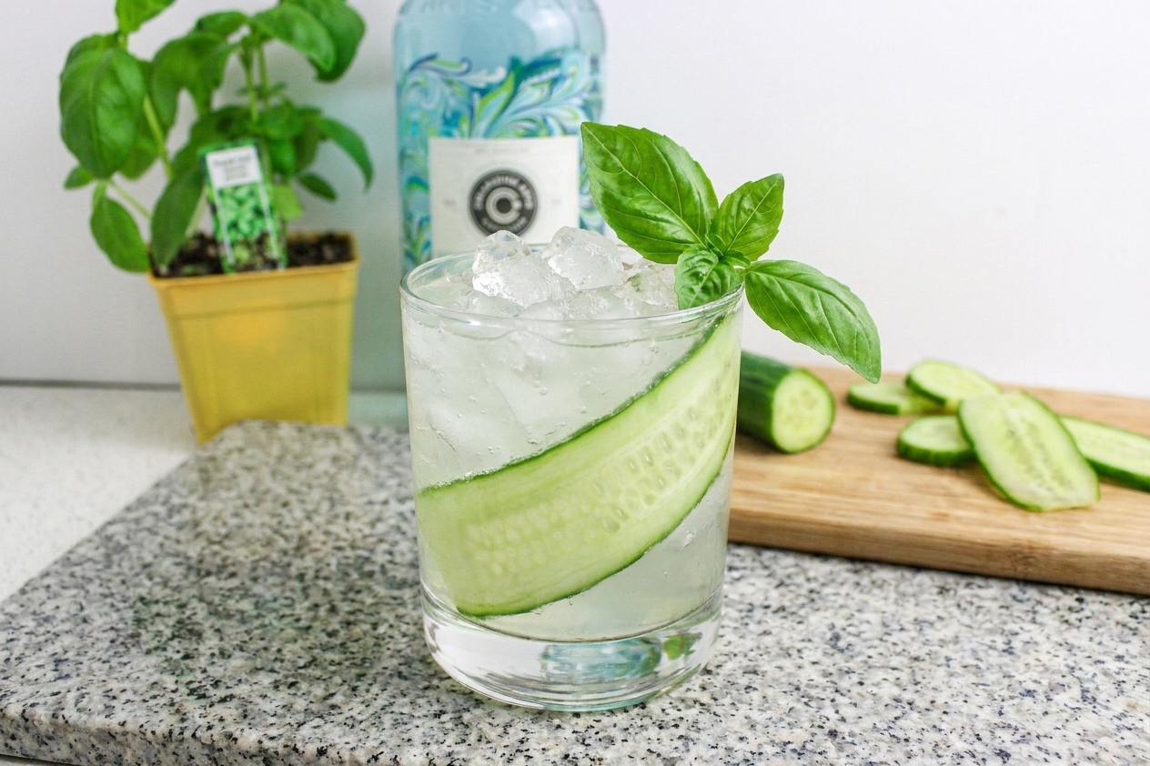 A cucumber basil gin smash in a rocks glass with crushed ice, garnished with a cucumber ribbon and basil sprig on a stone countertop