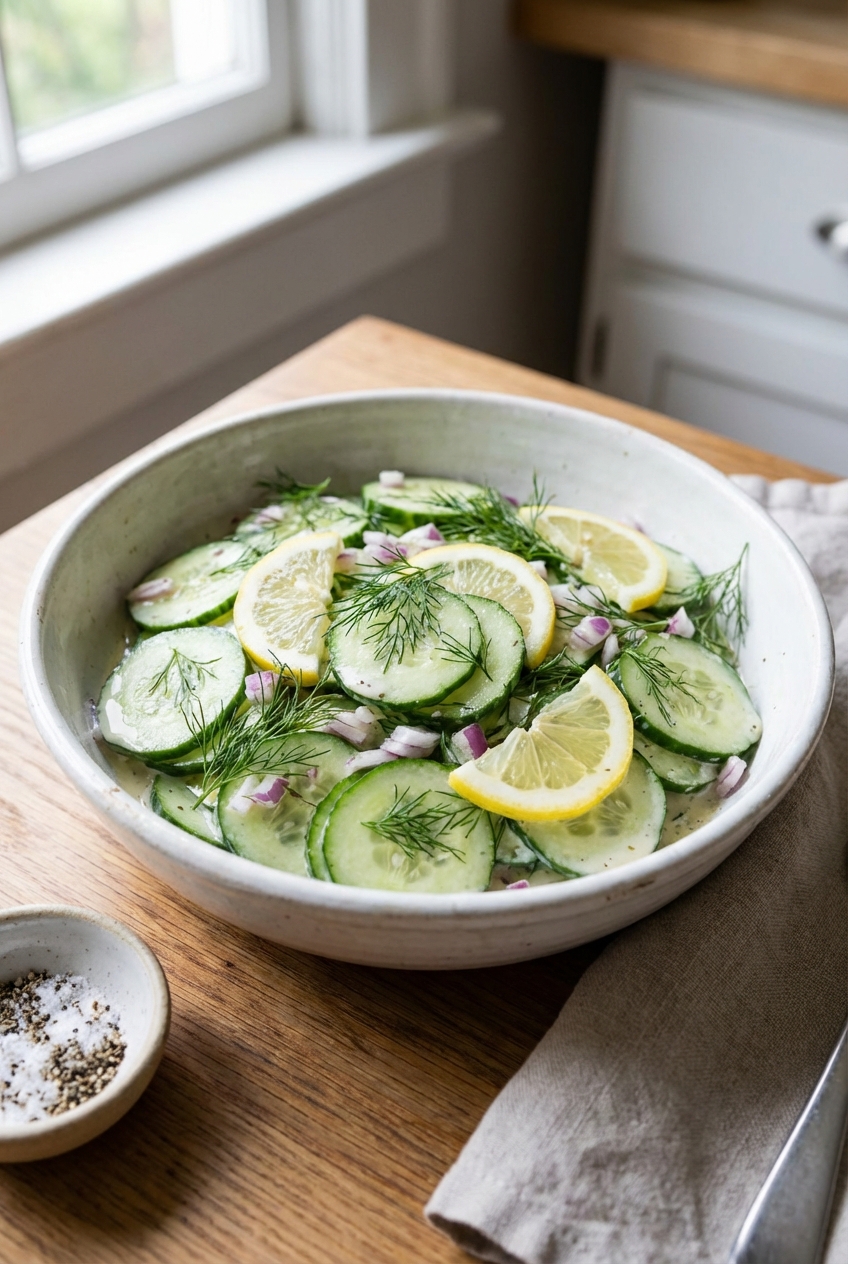 A cucumber salad with dill and lemon slices in a white bowl