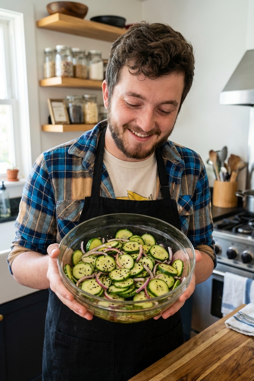 A cucumber salad with rice vinegar dressing and sesame seeds