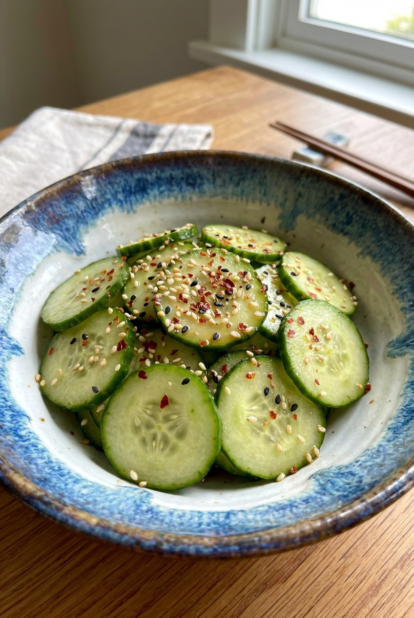 A cucumber salad with sesame seeds and red pepper flakes in a ceramic bowl