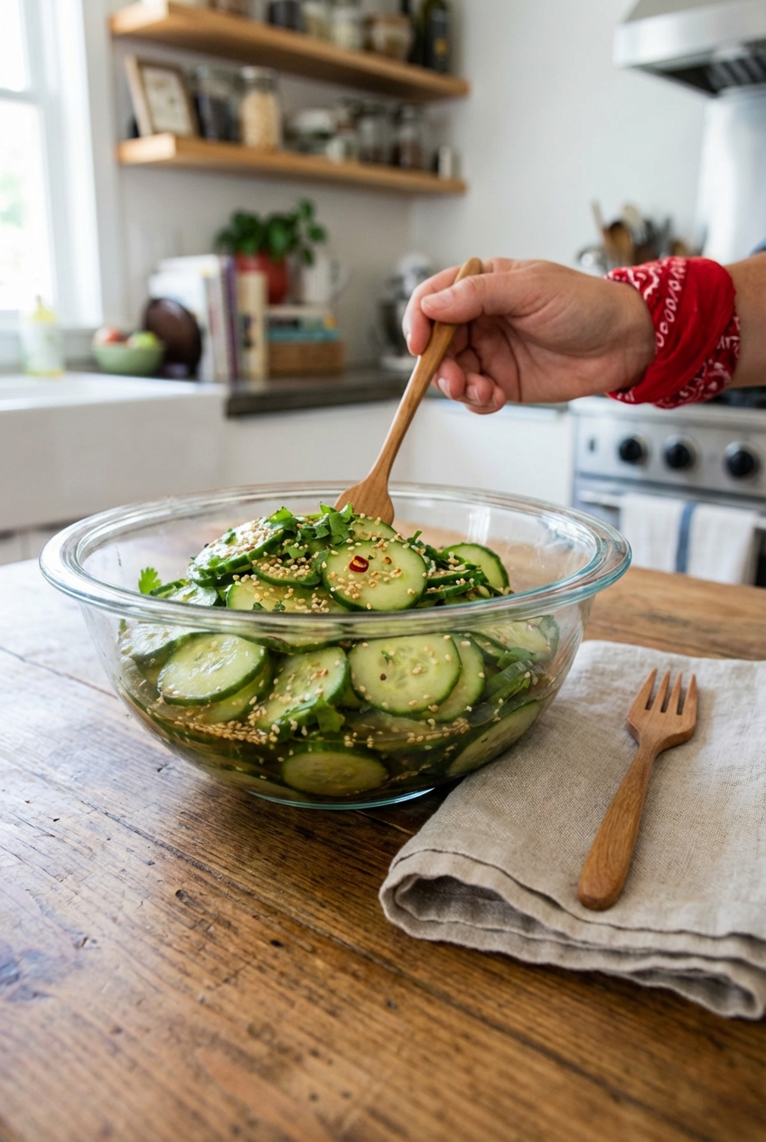 A cucumber salad with sesame seeds and rice vinegar dressing in a glass bowl