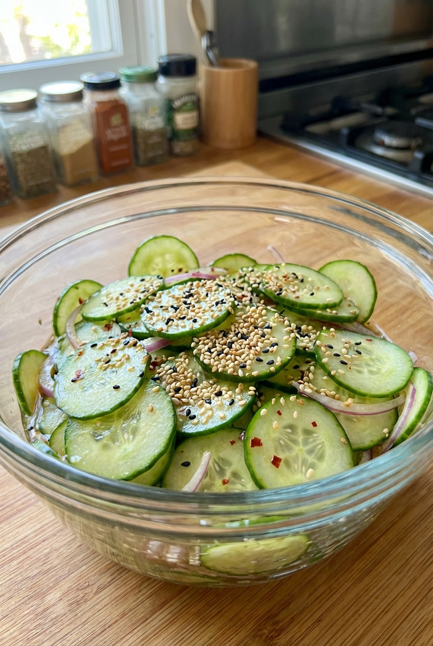 A cucumber salad with sesame seeds and rice vinegar dressing in a glass bowl