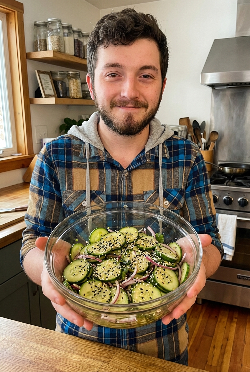 A cucumber salad with sesame seeds and rice vinegar dressing in a glass bowl