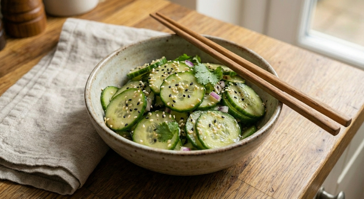A cucumber salad with sesame seeds in a small bowl