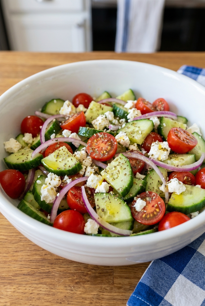A cucumber tomato salad with feta and oregano in a white bowl