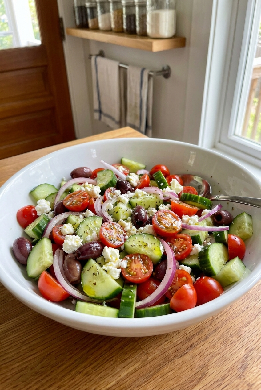 A cucumber tomato salad with red onion, olives, and feta in a white bowl