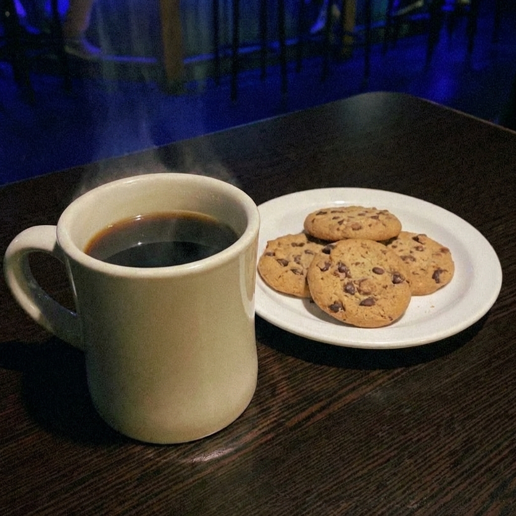 A cup of black coffee beside a plate of cookies on a table