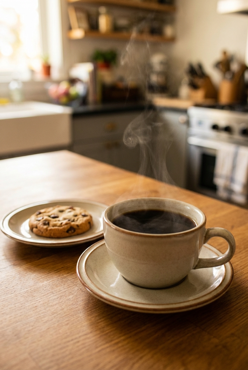 A cup of black coffee on a saucer next to a cookie