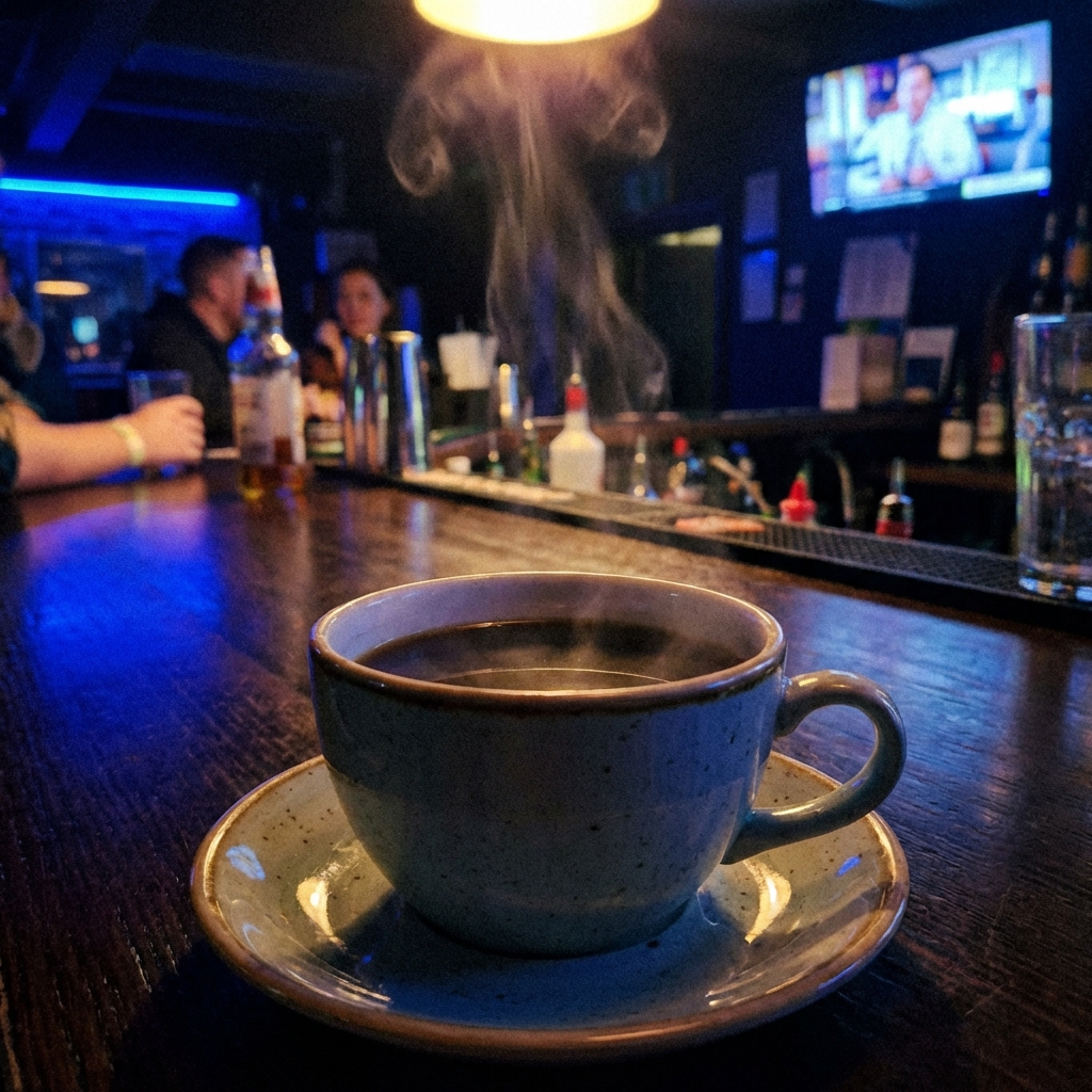 A cup of black coffee on a saucer with steam rising