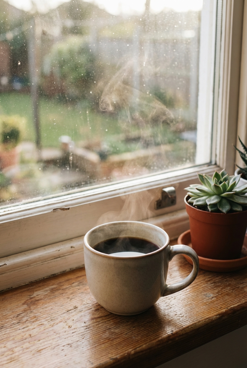 A cup of black coffee on a windowsill with soft morning light