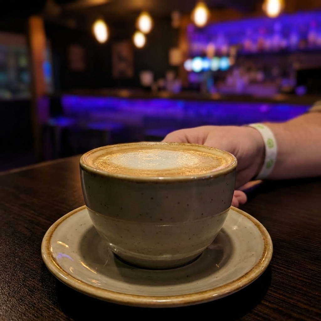 A cup of cafe con leche on a saucer