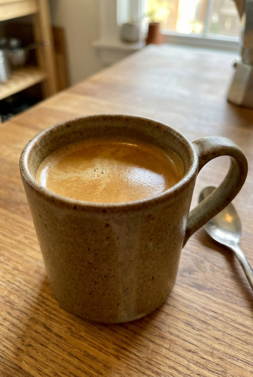 A cup of dark coffee with crema in a ceramic mug
