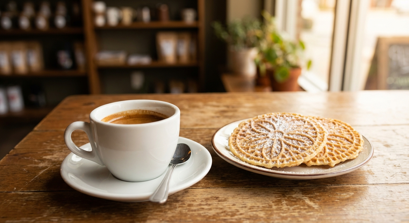 A cup of espresso next to two pizzelle cookies on a saucer