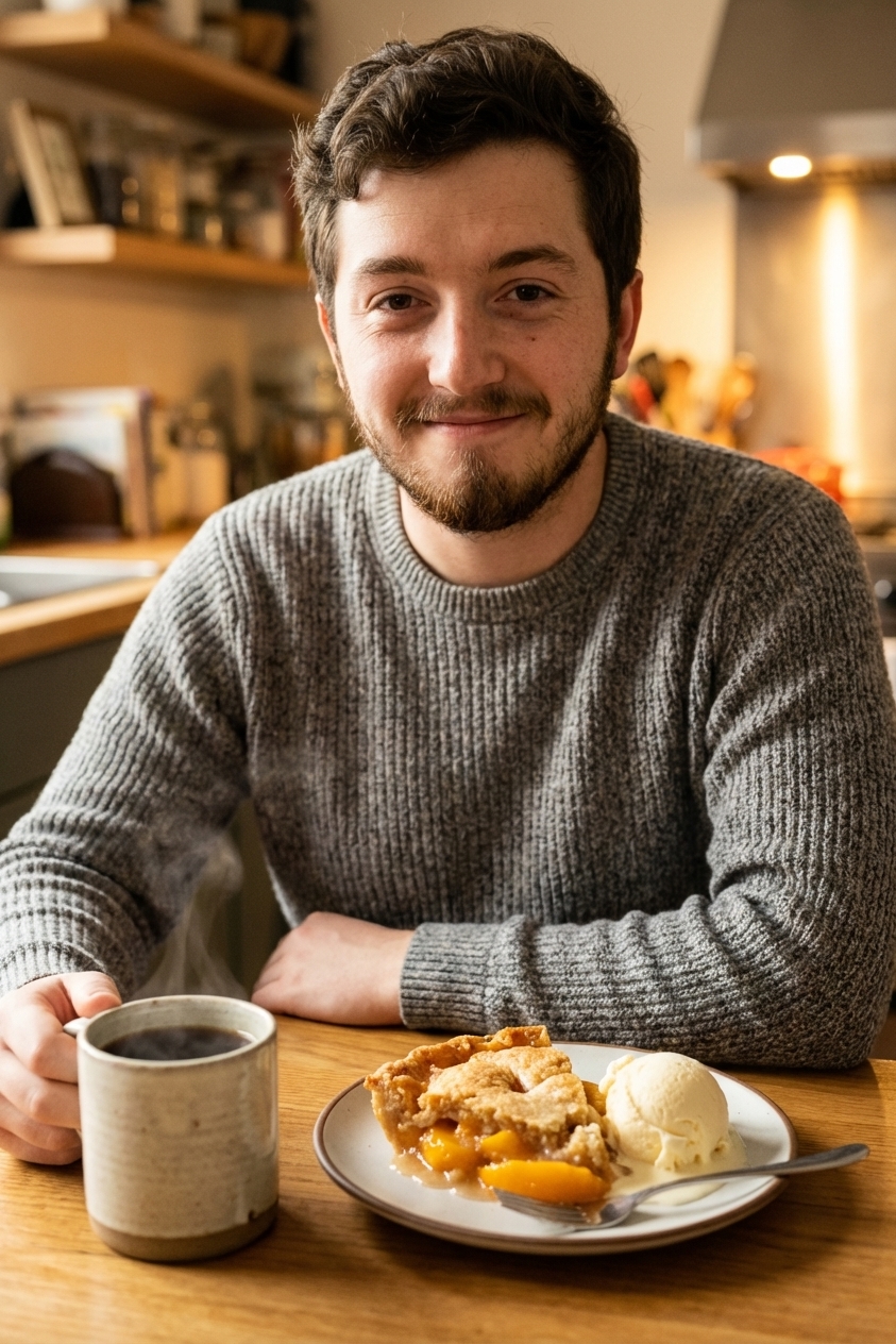 A cup of hot coffee next to a slice of peach cobbler on a plate