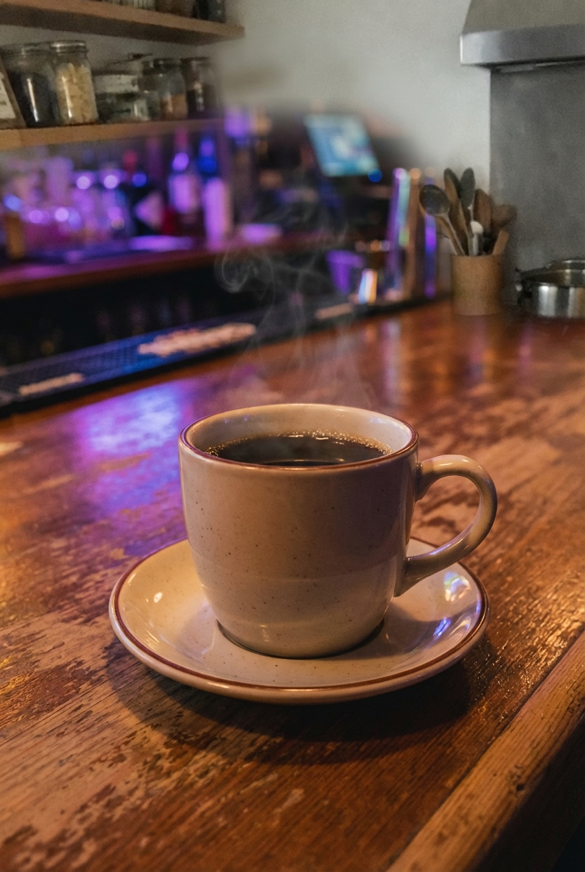 A cup of hot coffee on a saucer with light steam rising