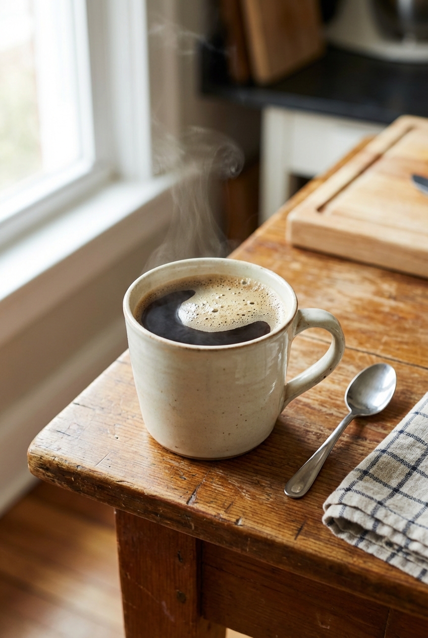 A cup of hot coffee with a light layer of foam in a ceramic mug on a wooden table
