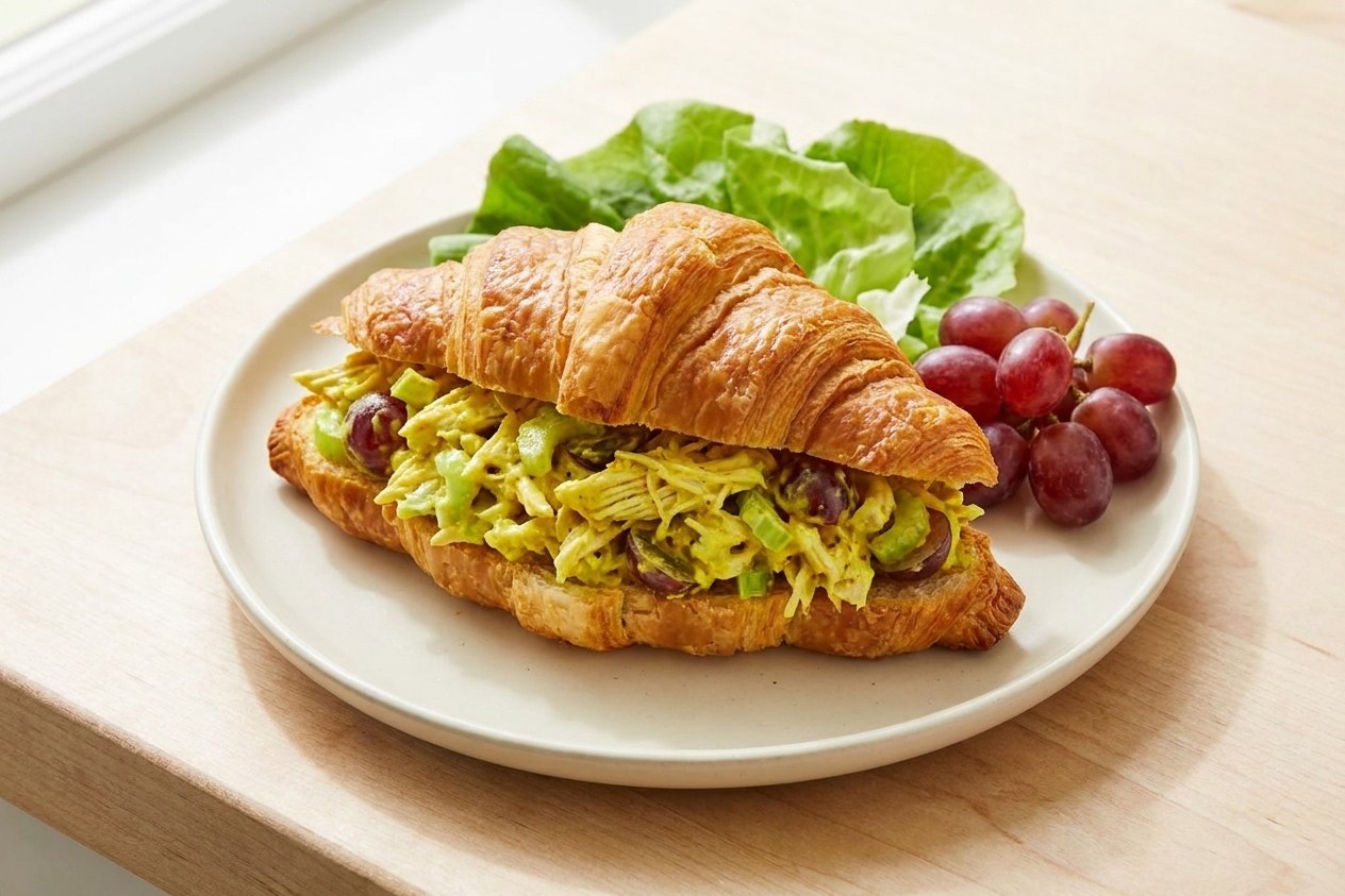 A curry chicken salad croissant sandwich on a plate with lettuce and a few grapes on the side, set on a casual kitchen table