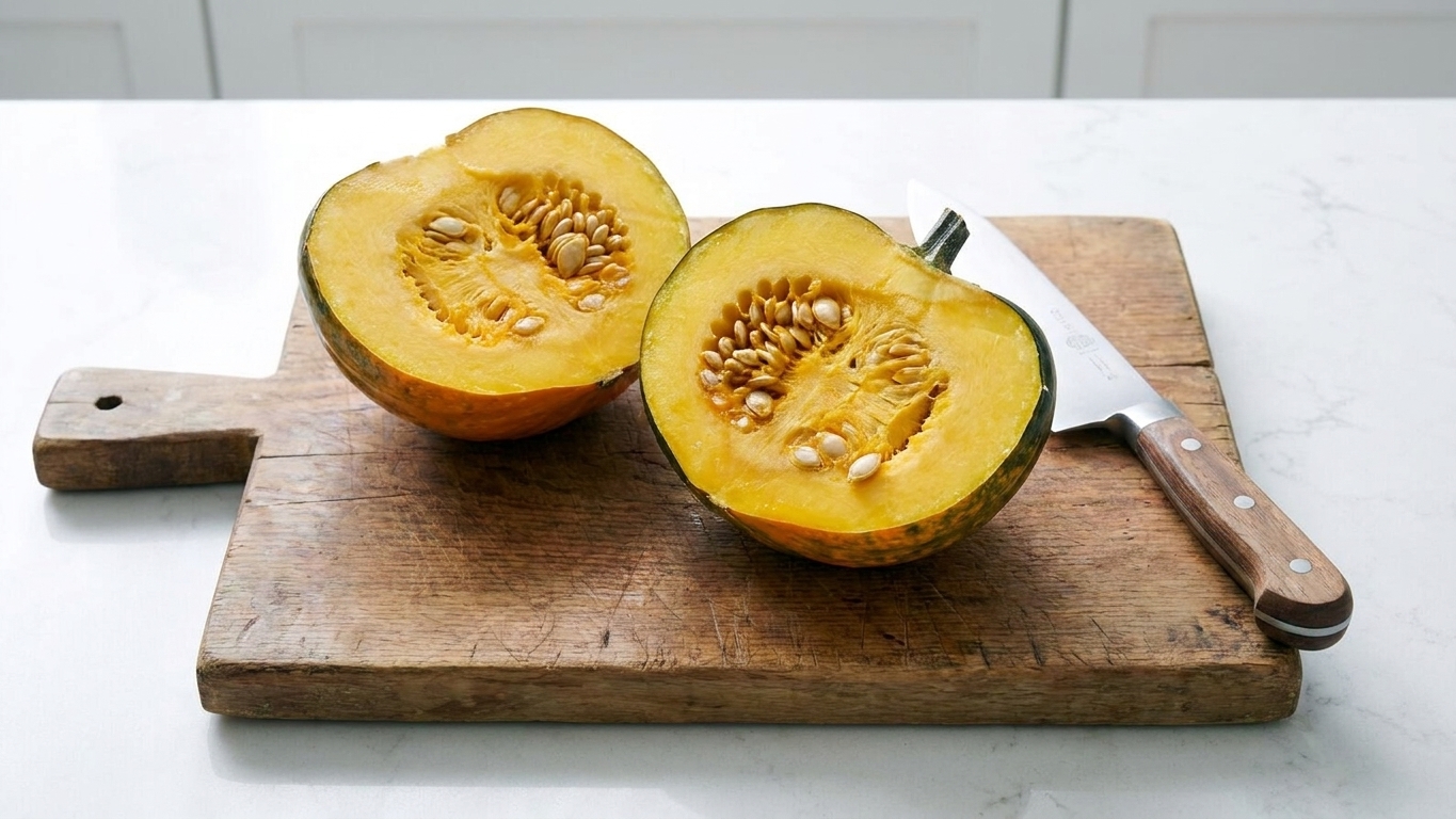 A custard squash sliced in half on a cutting board with seeds visible, next to a chef’s knife